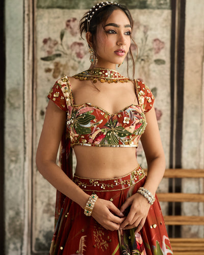 Rust Floral Print And Highlighted Lehenga Set