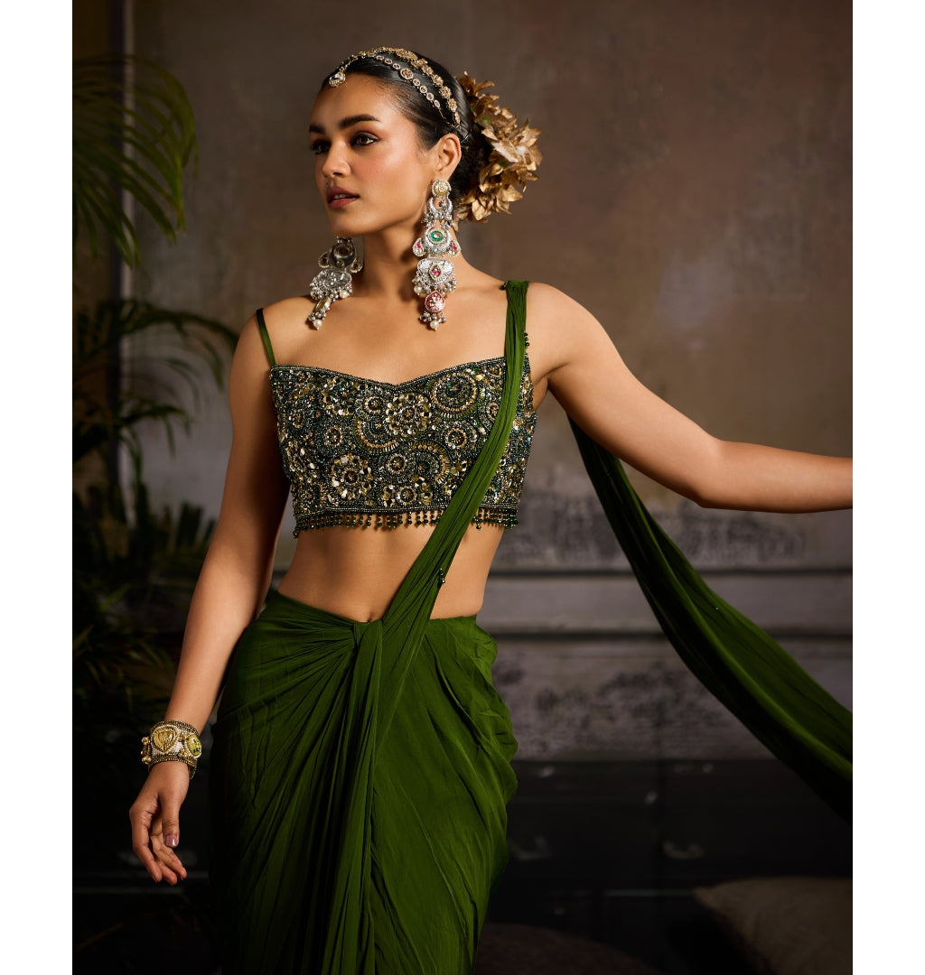 Moss Glow Pre-Draped Sari Set