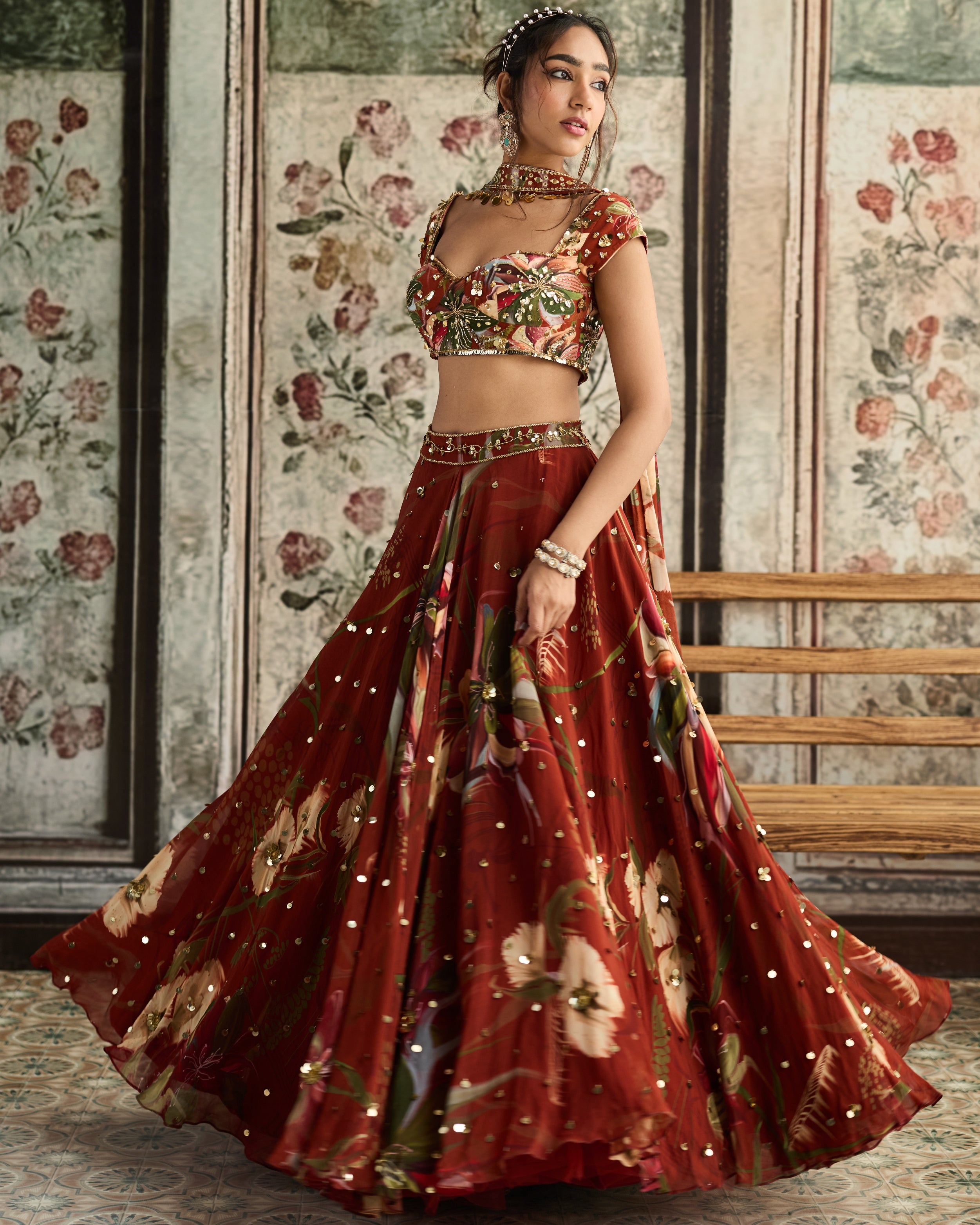 Rust Floral Print And Highlighted Lehenga Set