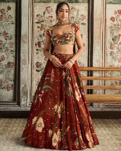 Rust Floral Print And Highlighted Lehenga Set