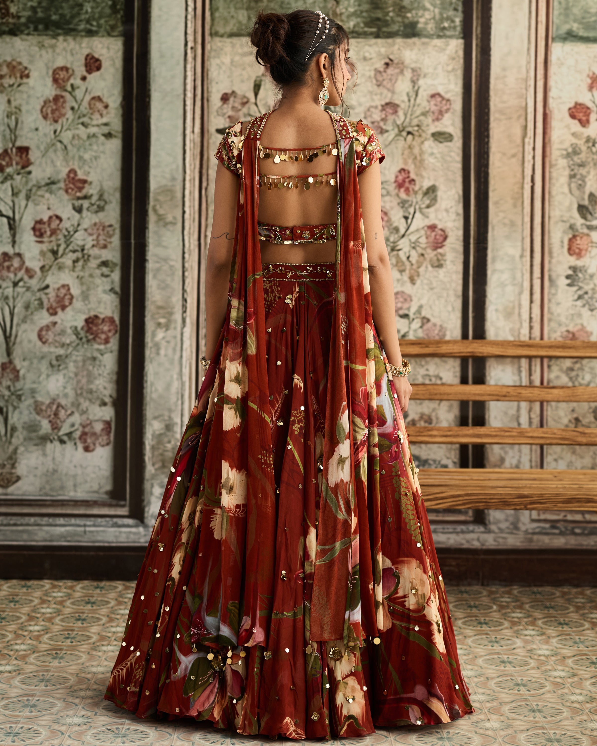Rust Floral Print And Highlighted Lehenga Set