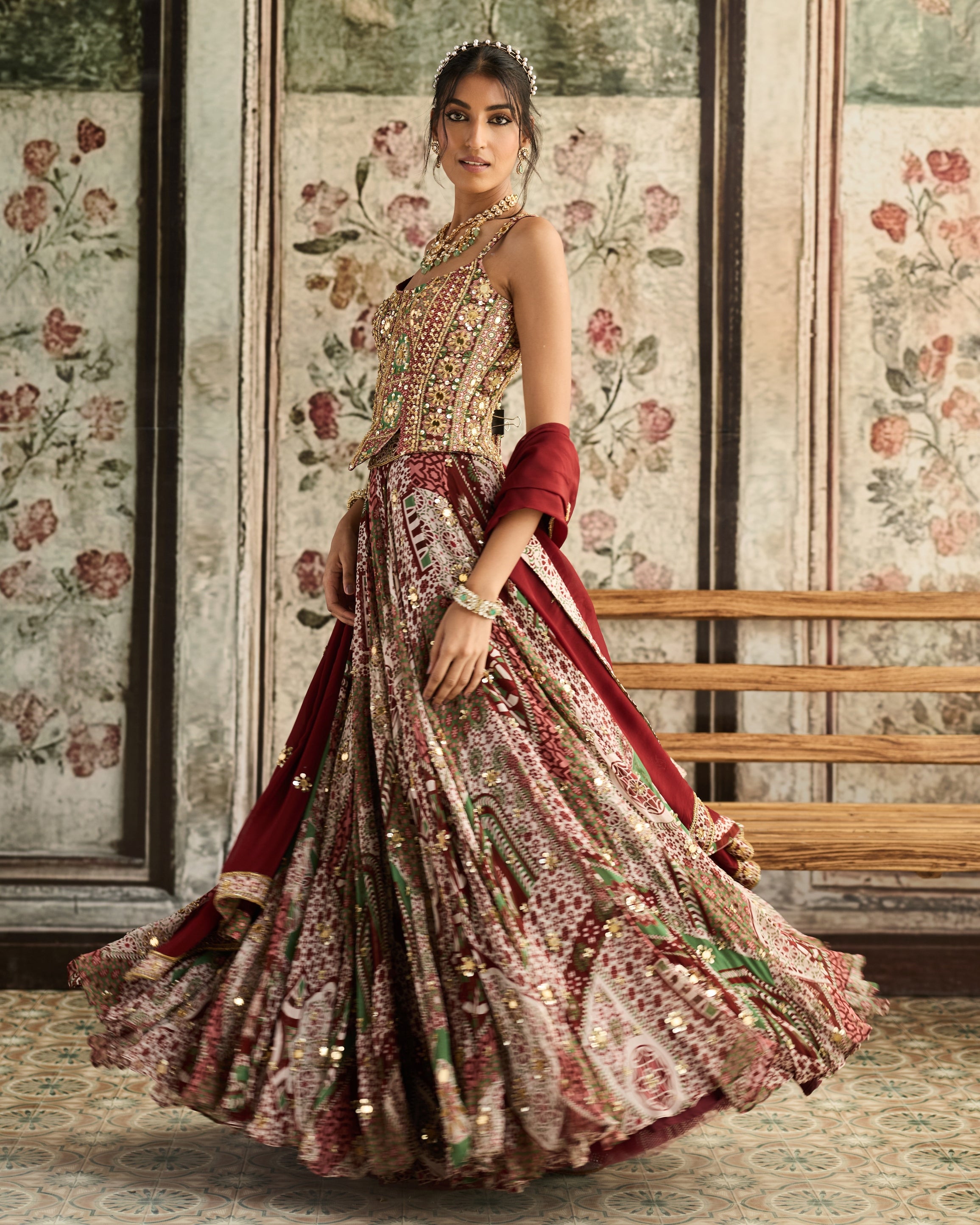 Sage-Maroon Print Lehenga and Corset Set