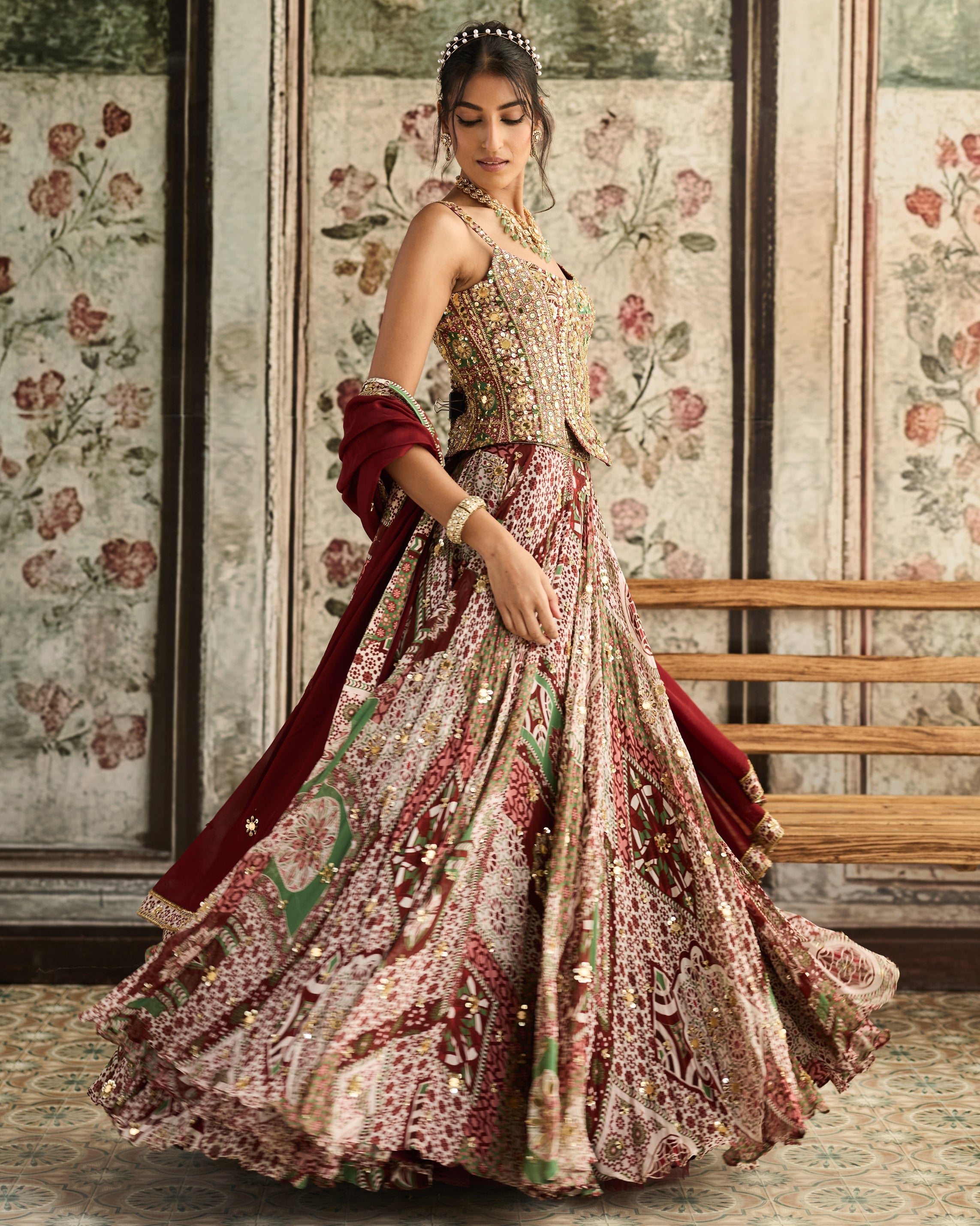 Sage-Maroon Print Lehenga and Corset Set