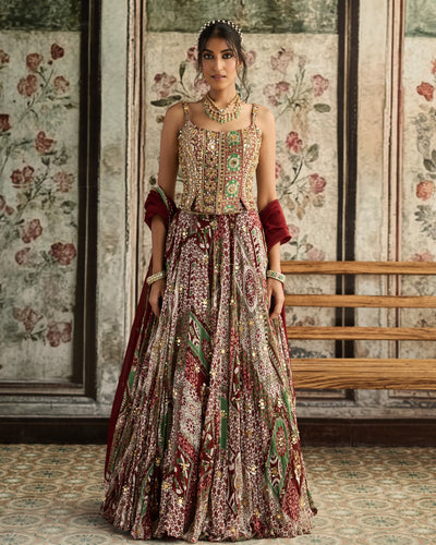 Sage-Maroon Print Lehenga and Corset Set