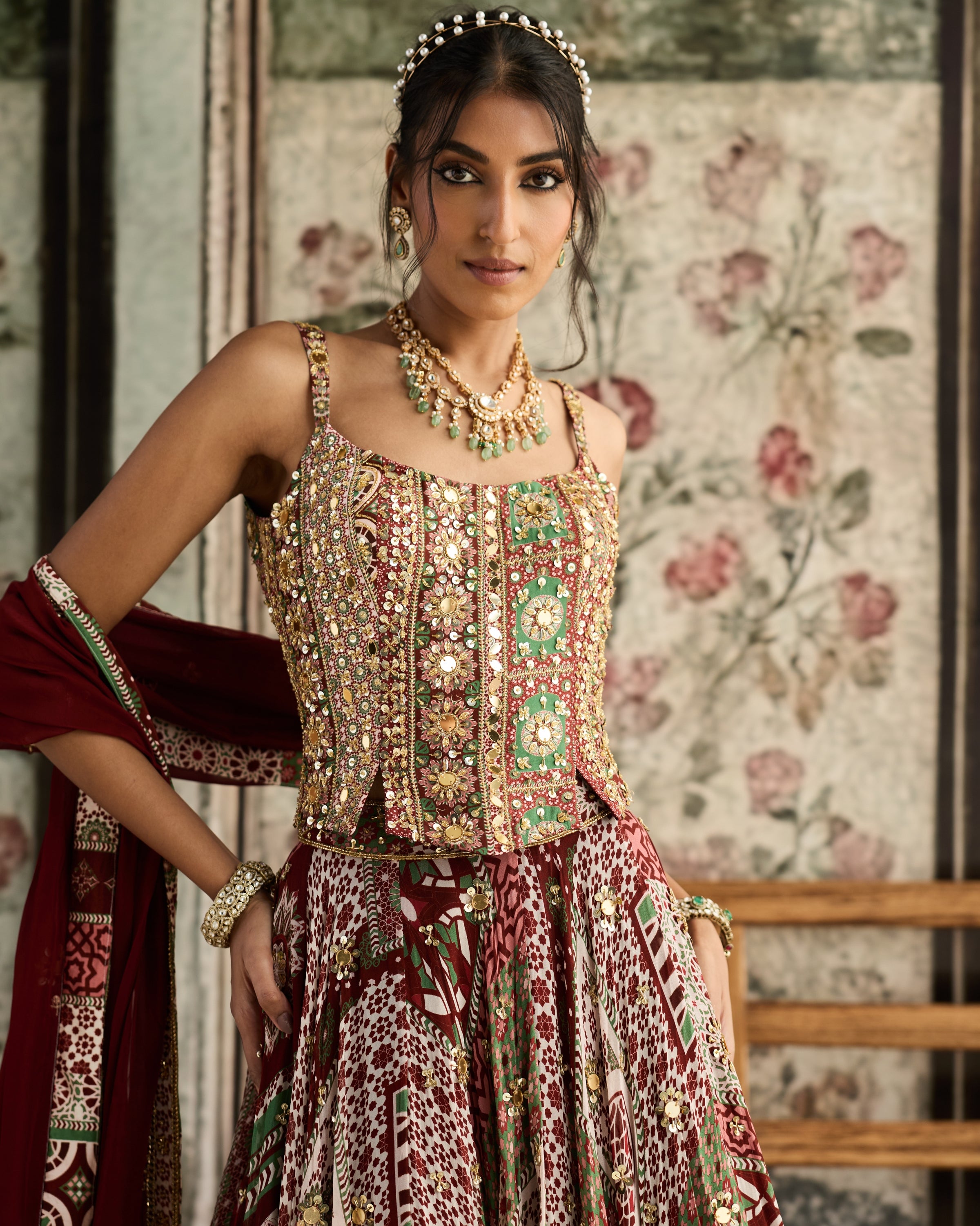 Sage-Maroon Print Lehenga and Corset Set