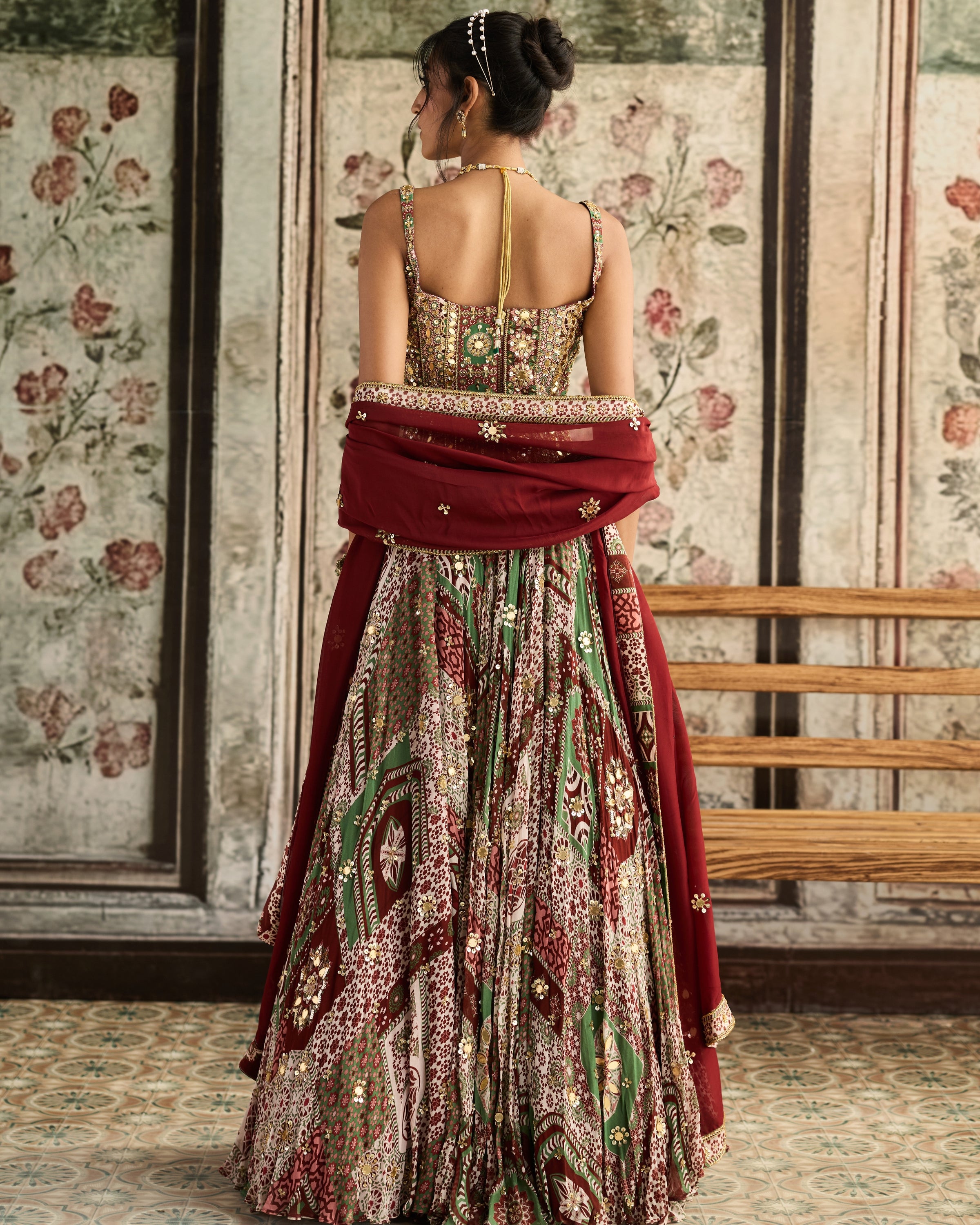 Sage-Maroon Print Lehenga and Corset Set