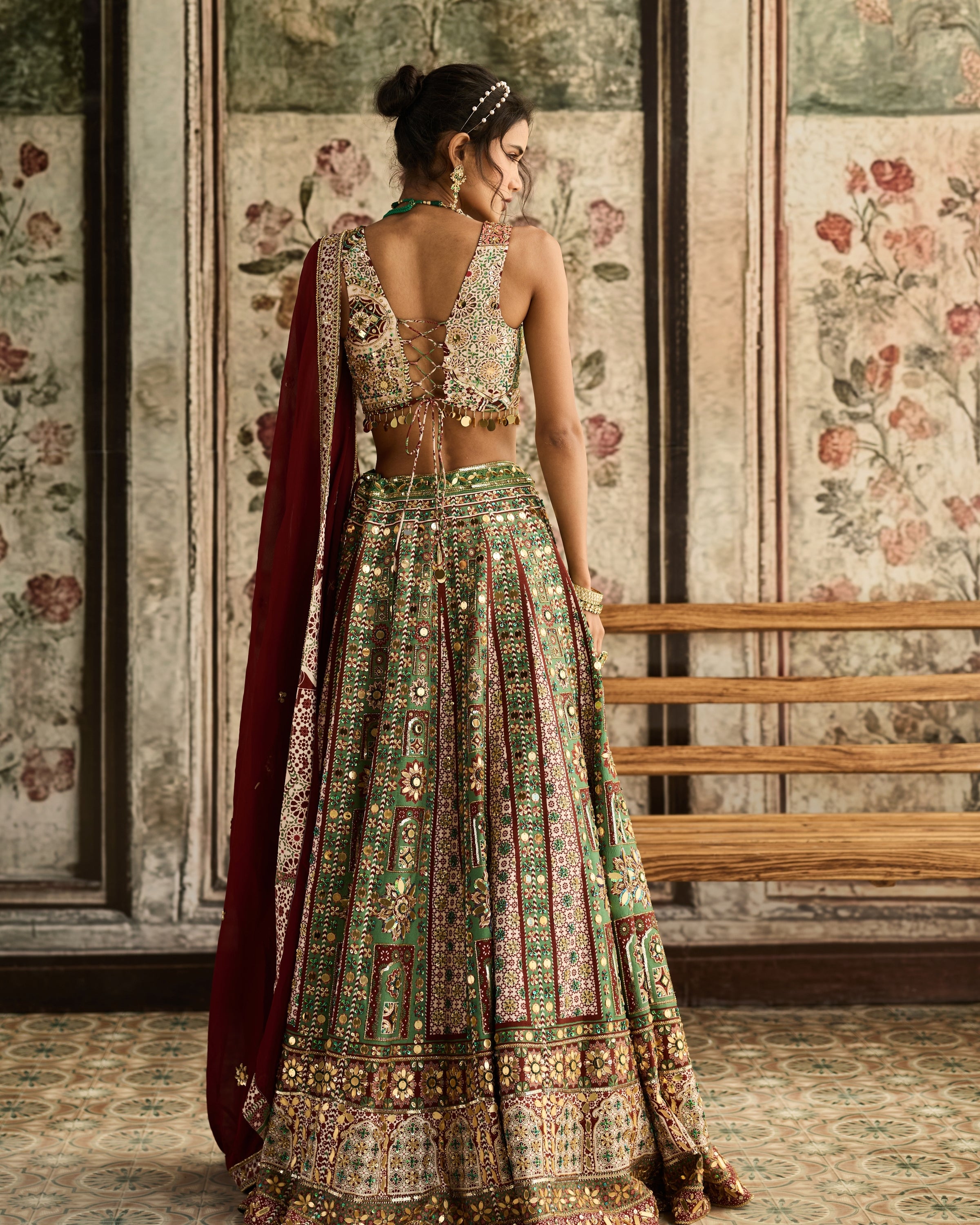 Sage-Maroon Print And Highlighted Lehenga Set