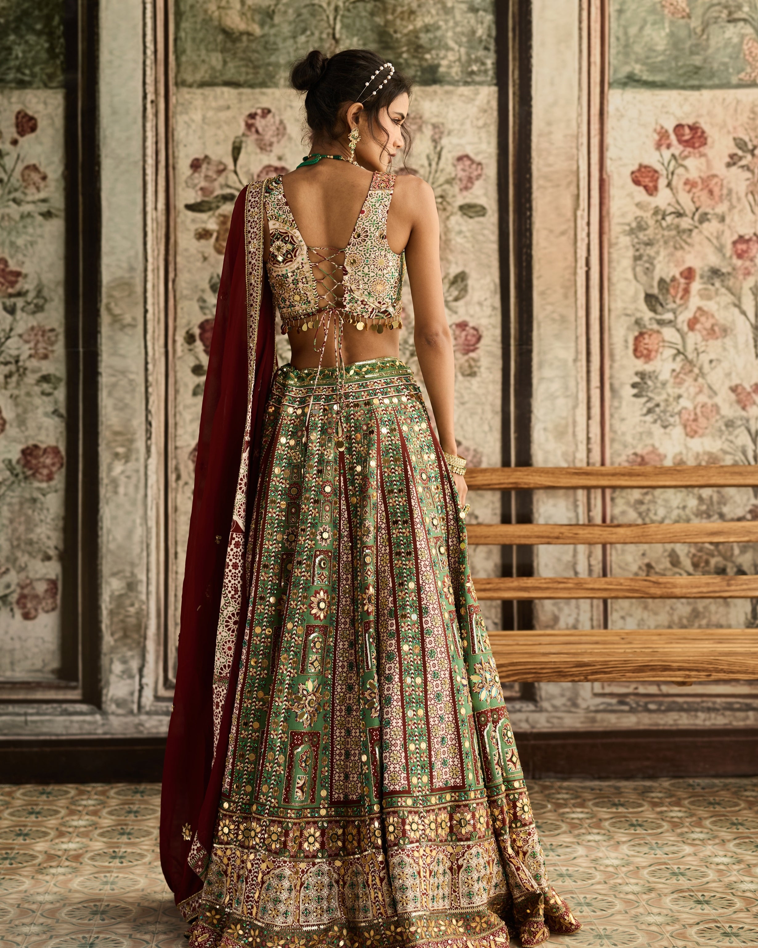 Sage-Maroon Print And Highlighted Lehenga Set