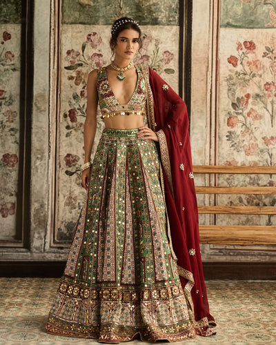 Sage-Maroon Print And Highlighted Lehenga Set