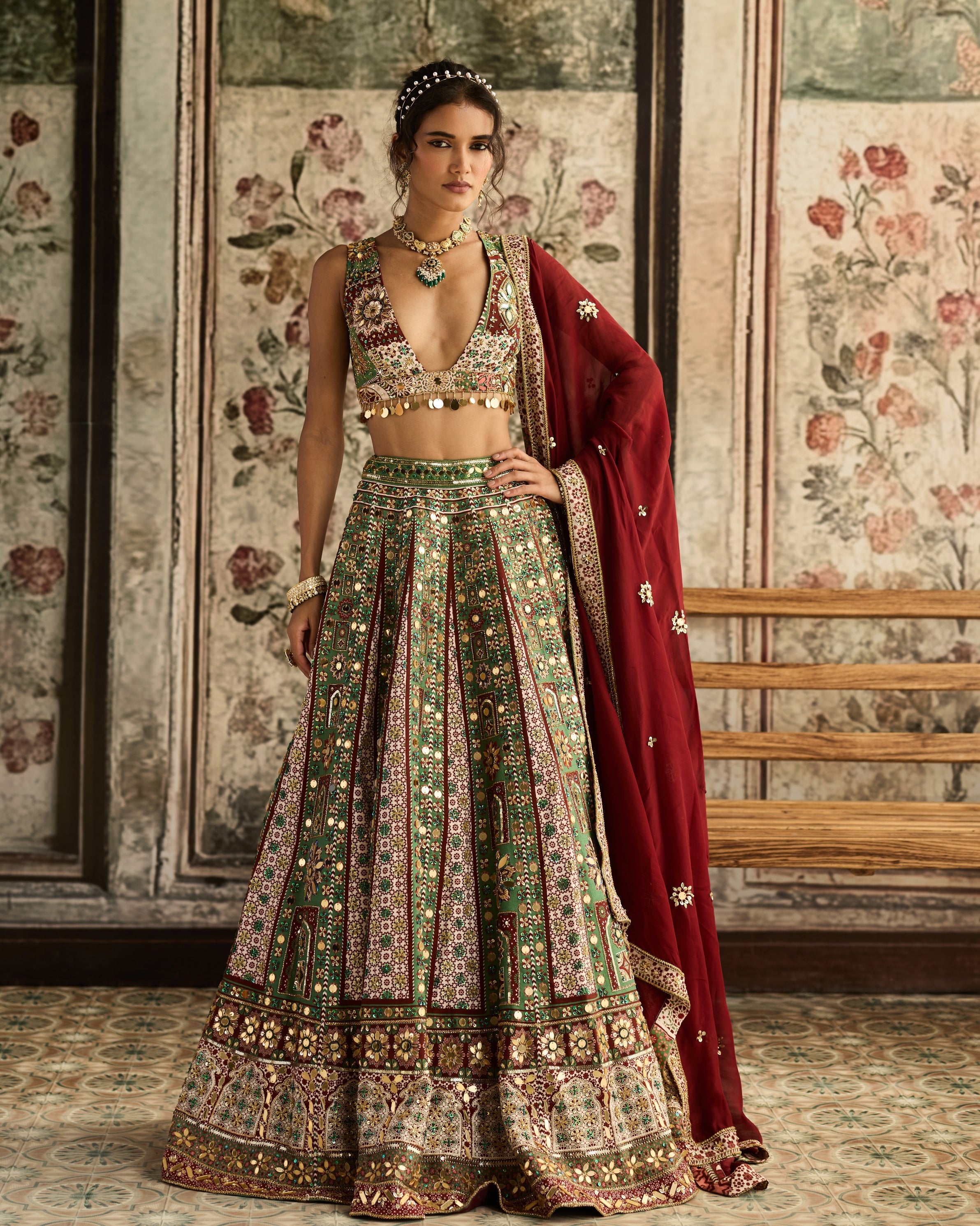 Sage-Maroon Print And Highlighted Lehenga Set