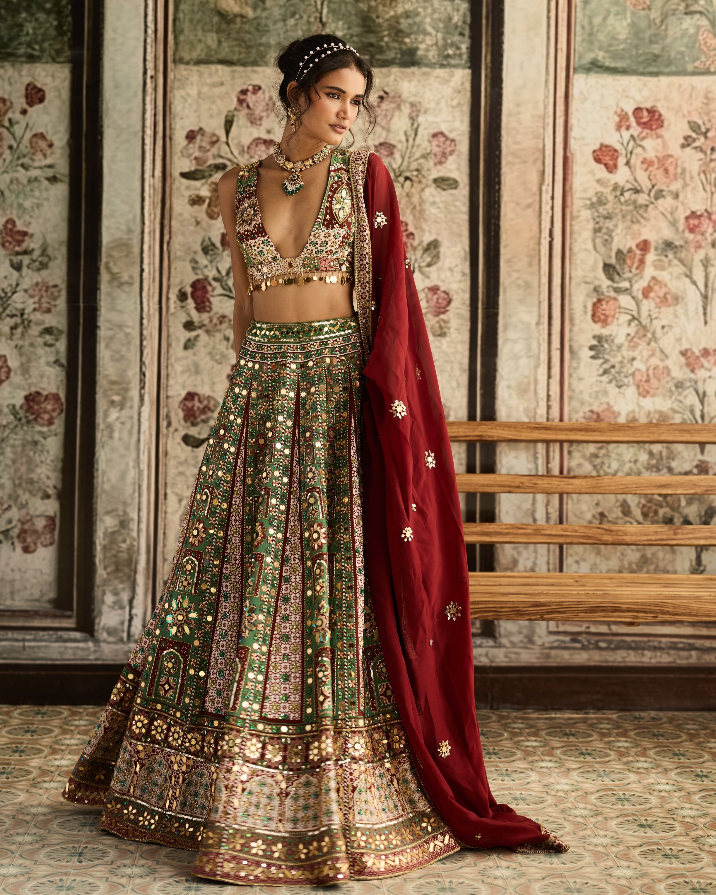 Sage-Maroon Print And Highlighted Lehenga Set