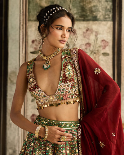 Sage-Maroon Print And Highlighted Lehenga Set