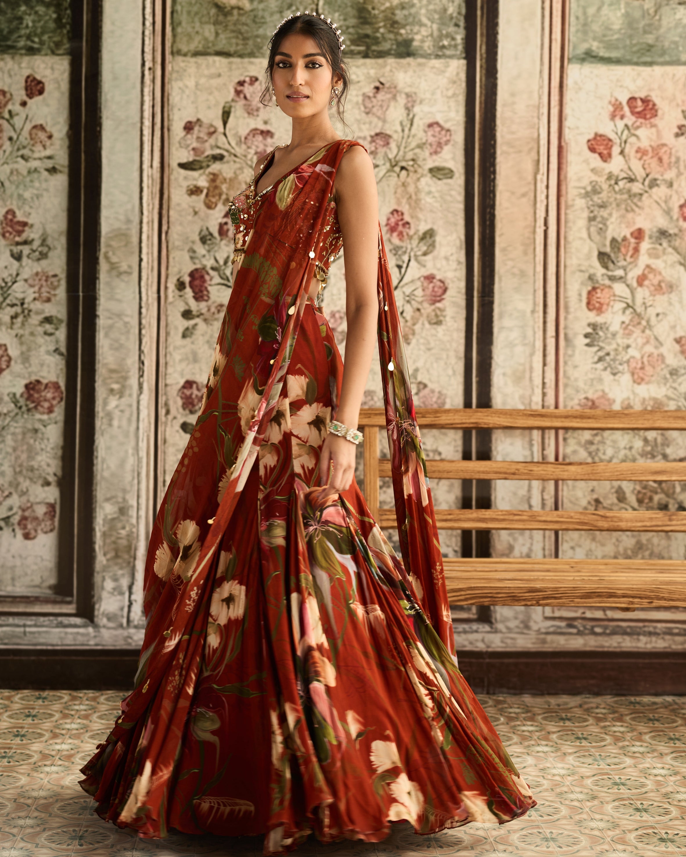 Rust Floral Print Mermaid Sari Set