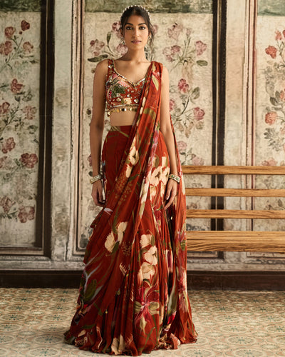Rust Floral Print Mermaid Sari Set