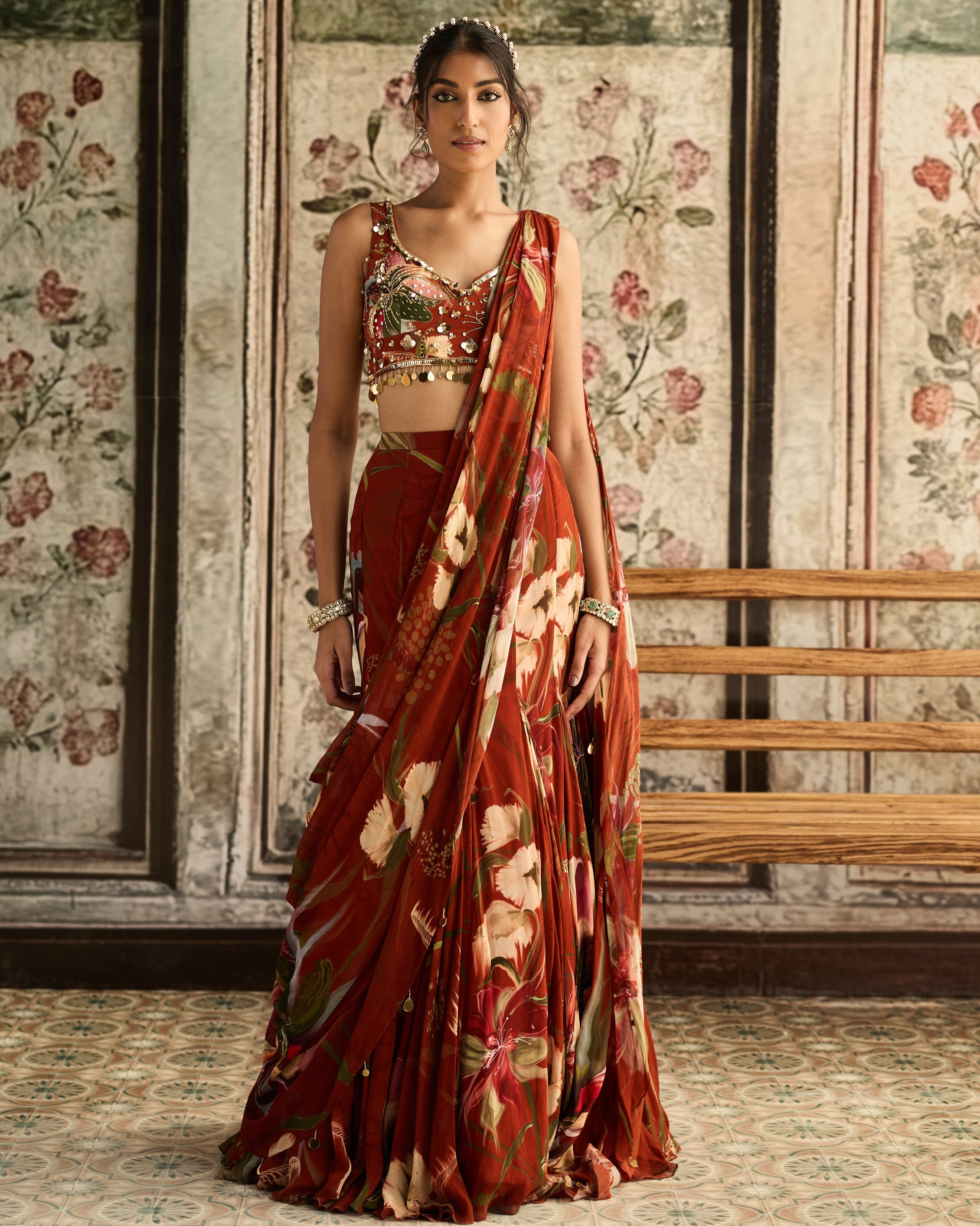 Rust Floral Print Mermaid Sari Set
