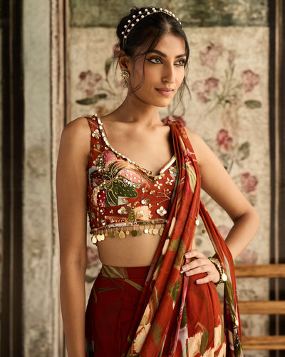 Rust Floral Print Mermaid Sari Set