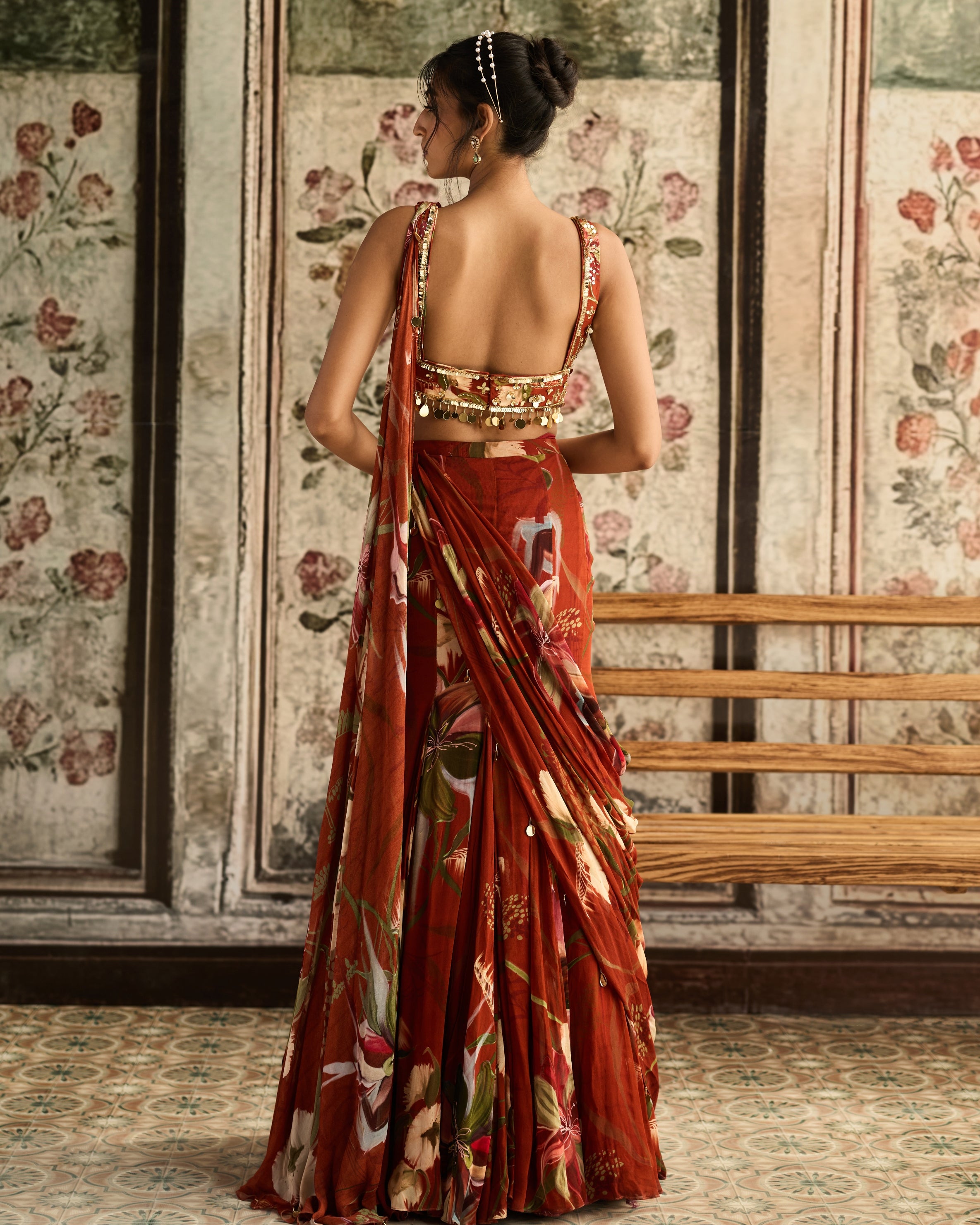 Rust Floral Print Mermaid Sari Set