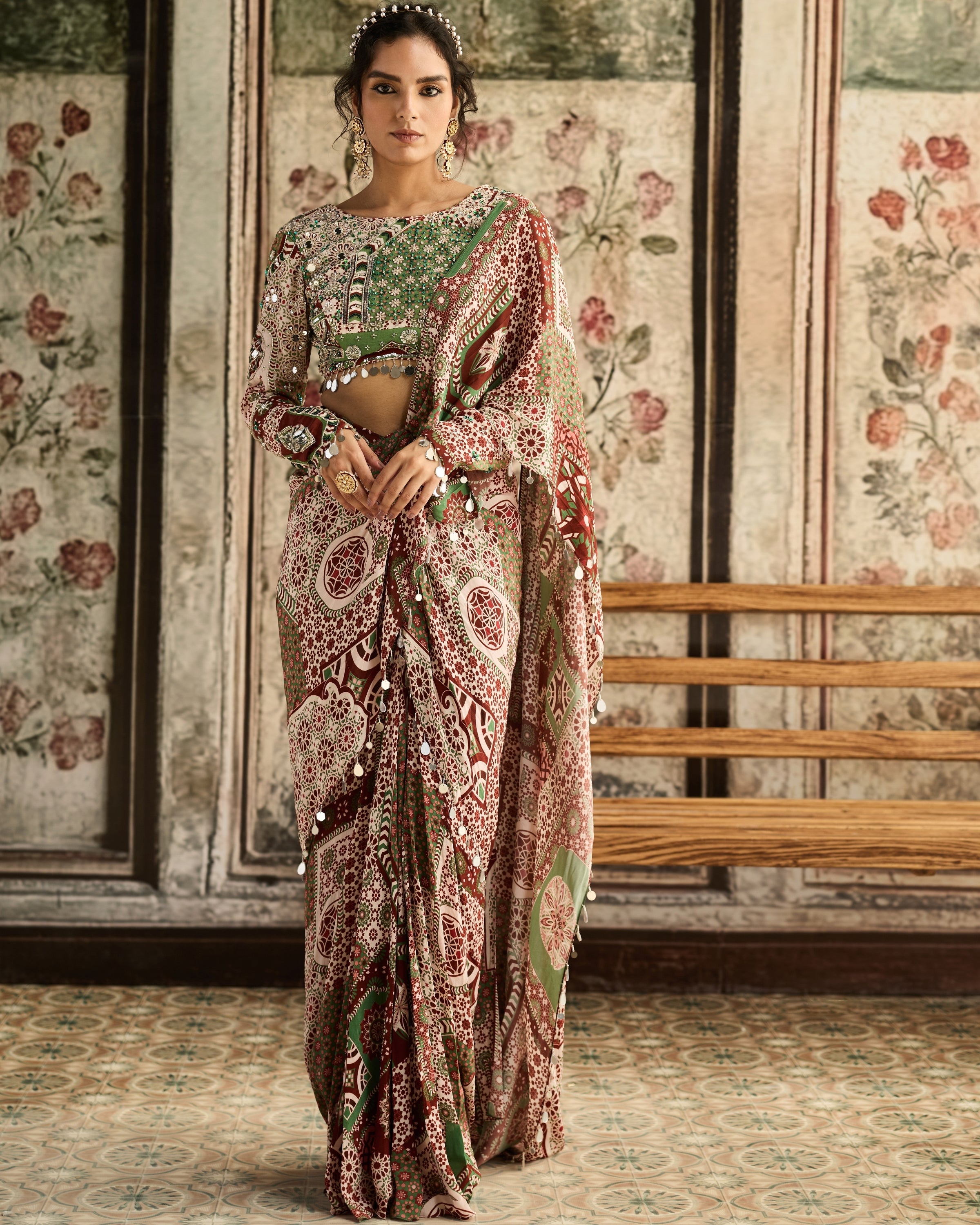 Sage-Maroon Print And Highlighted Dhoti Sari Set