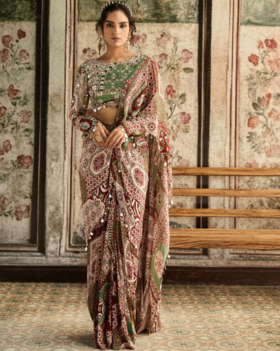 Sage-Maroon Print And Highlighted Dhoti Sari Set