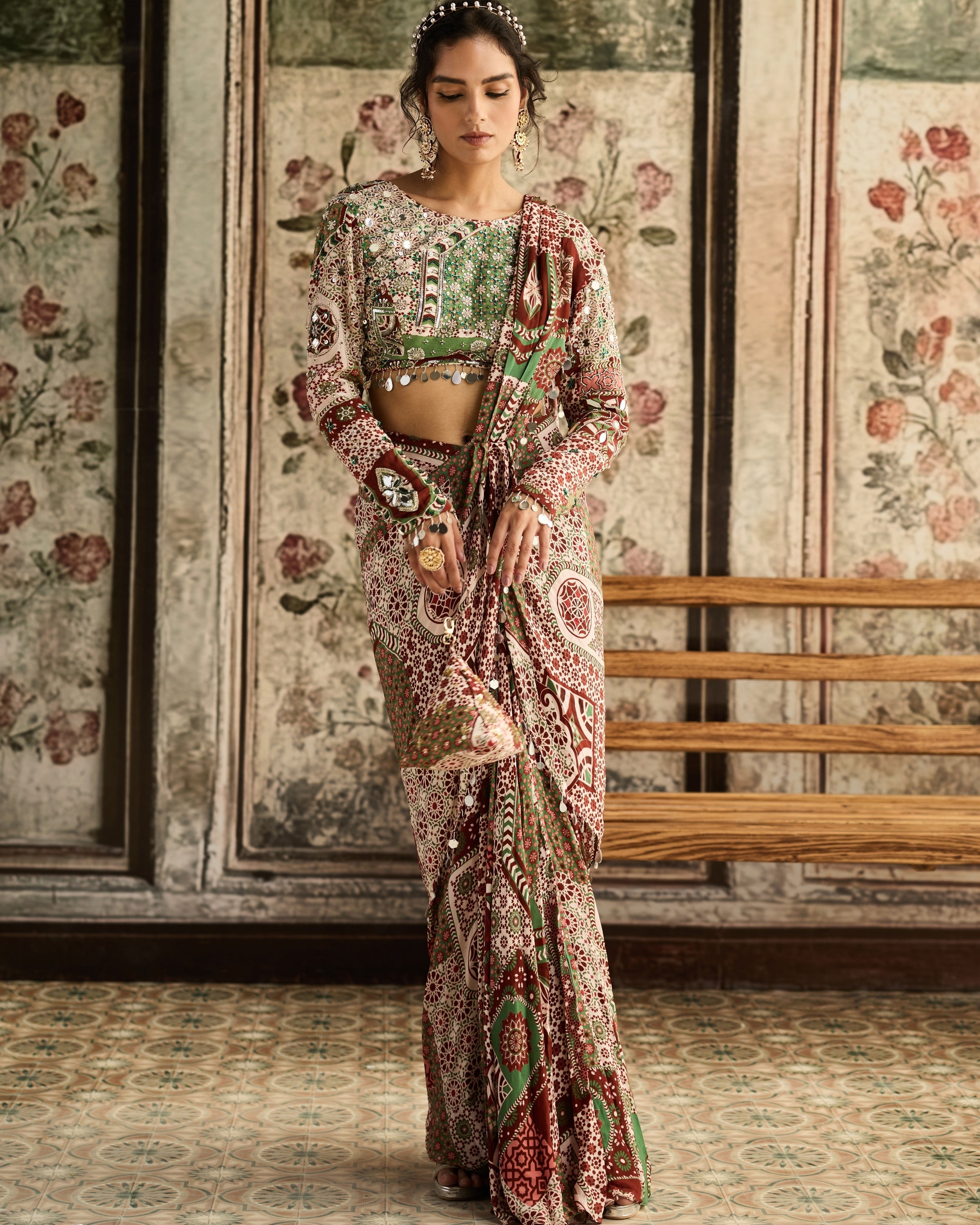 Sage-Maroon Print And Highlighted Dhoti Sari Set