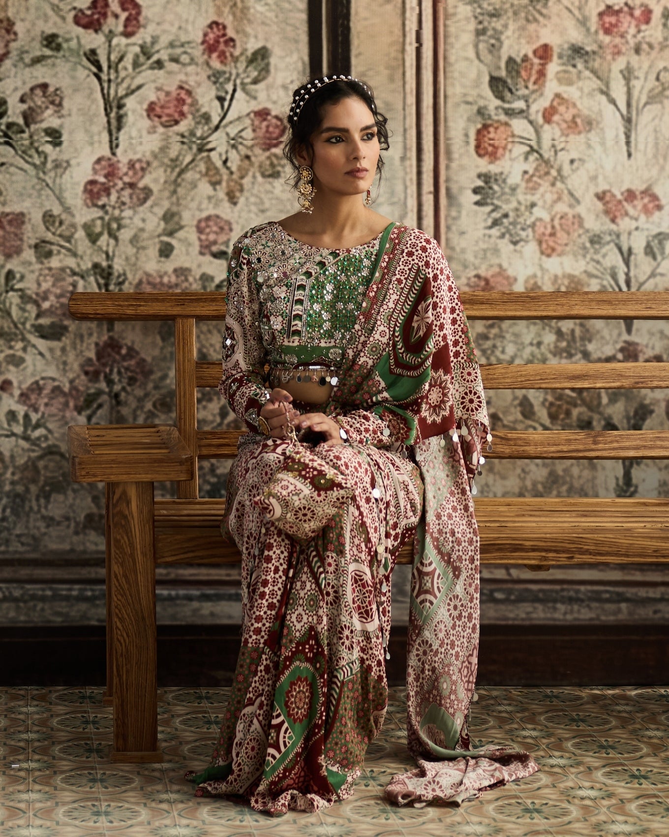 Sage-Maroon Print And Highlighted Dhoti Sari Set