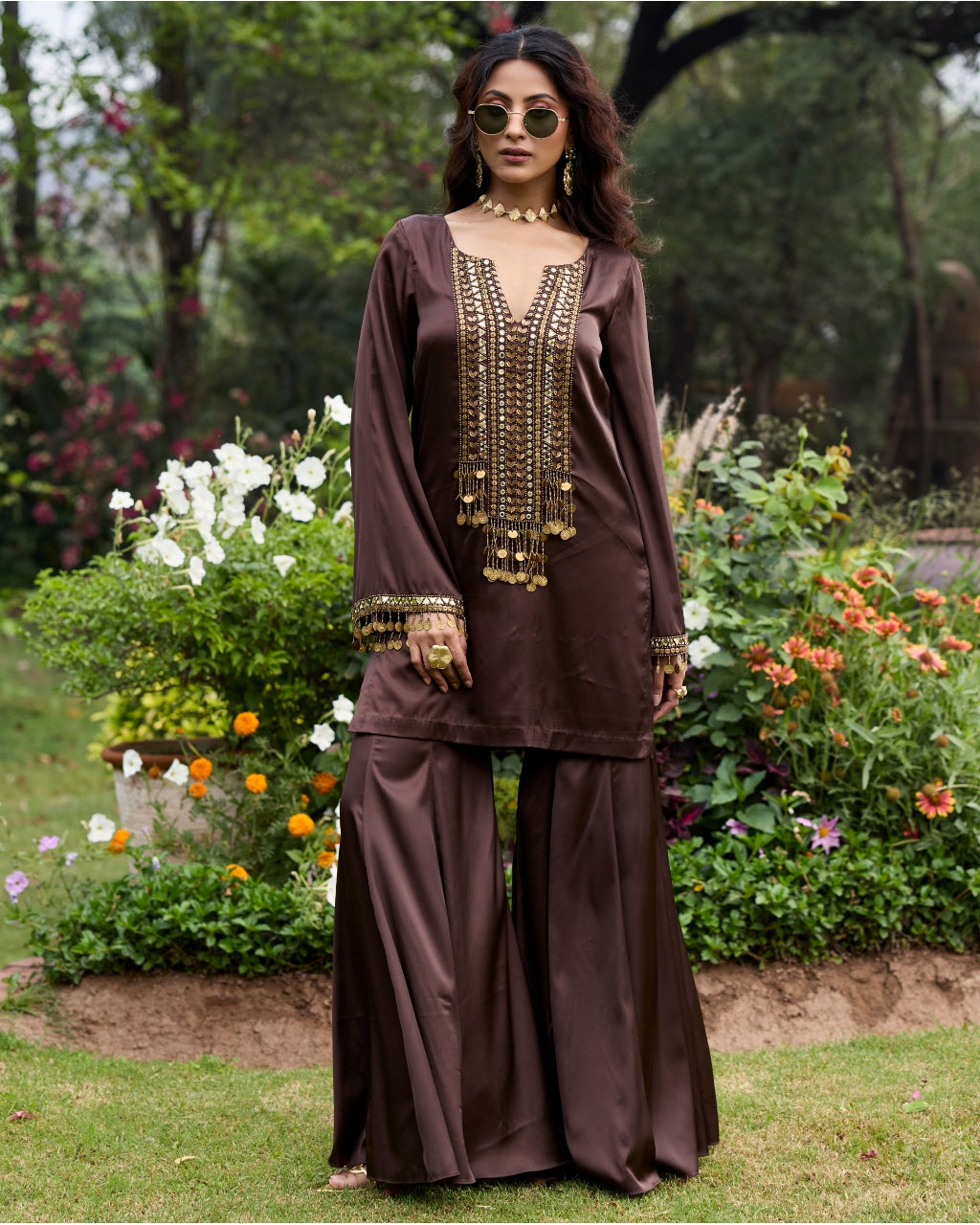 Mocha Brown Embroidered Satin Kurti Set