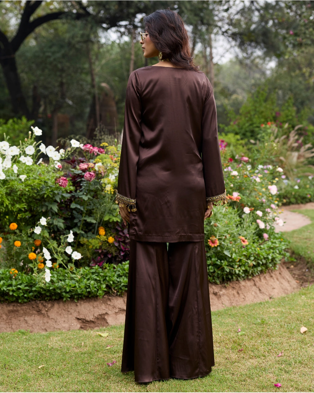 Mocha Brown Embroidered Satin Kurti Set