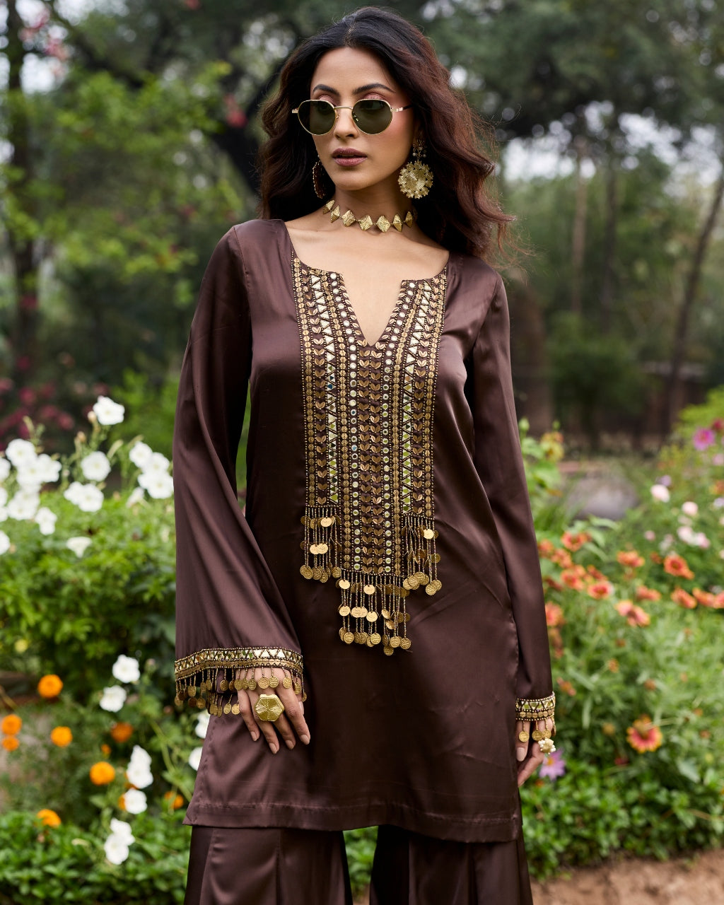 Mocha Brown Embroidered Satin Kurti Set