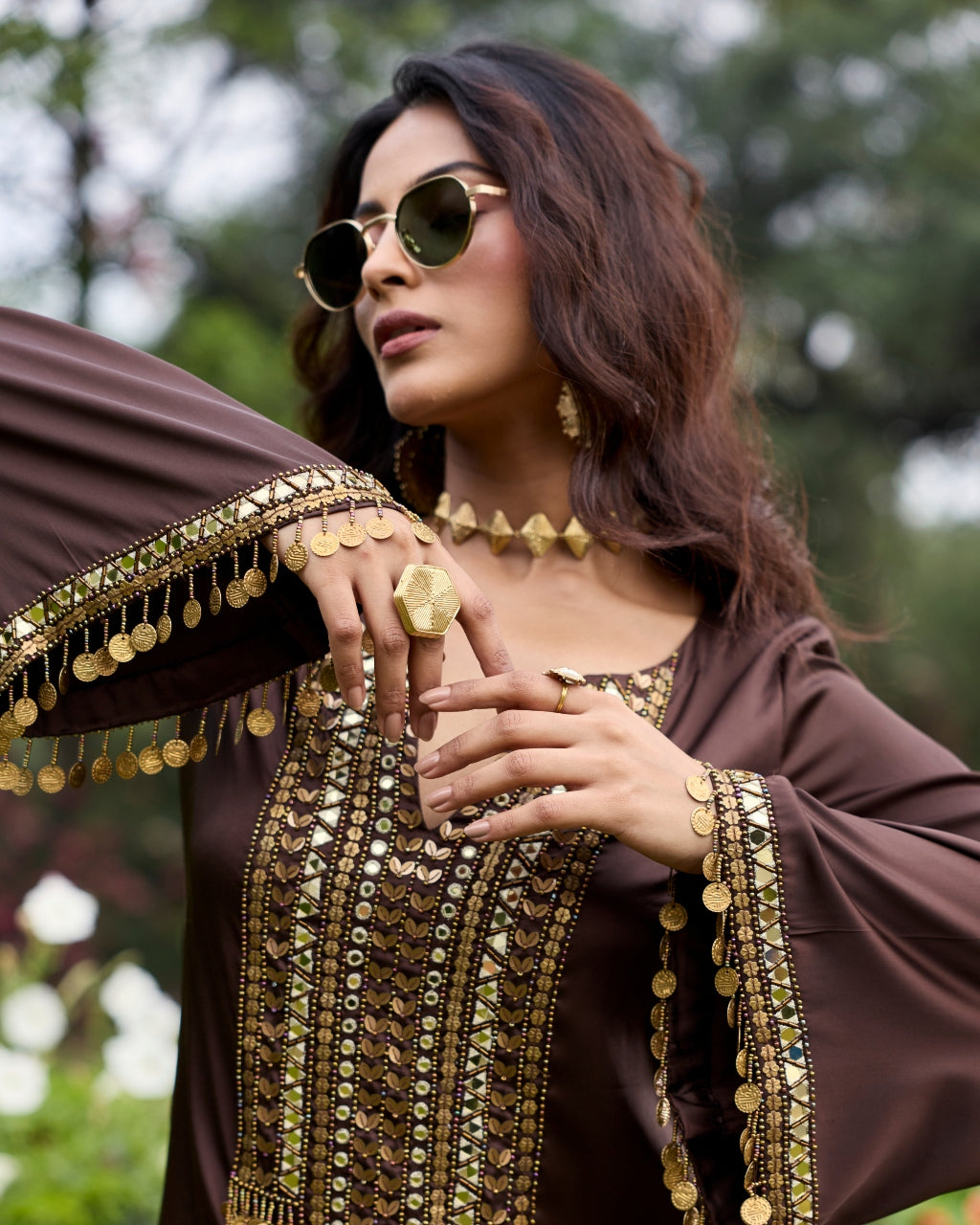Mocha Brown Embroidered Satin Kurti Set
