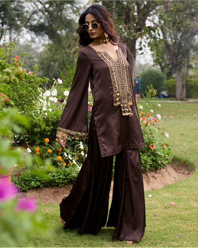 Mocha Brown Embroidered Satin Kurti Set