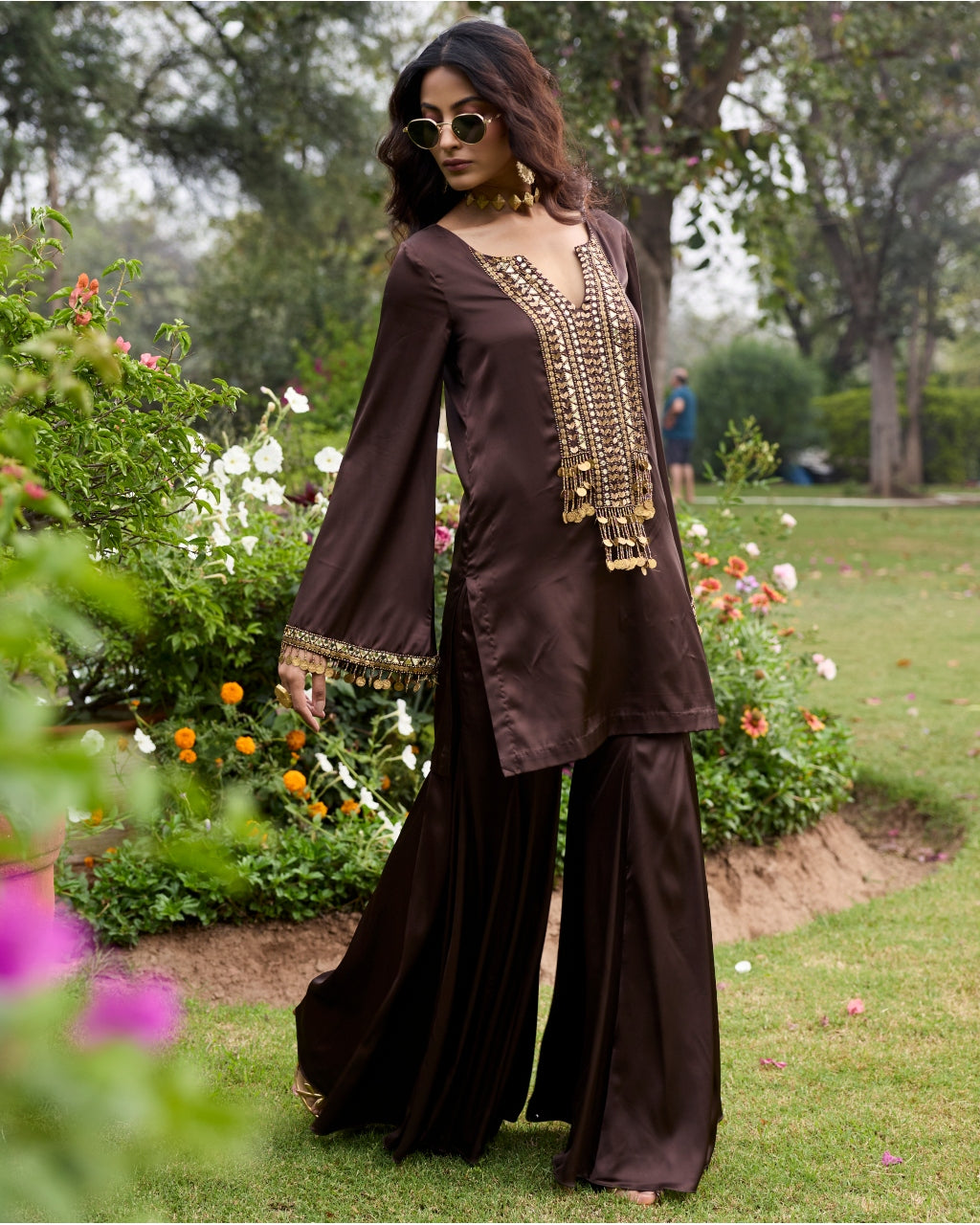 Mocha Brown Embroidered Satin Kurti Set