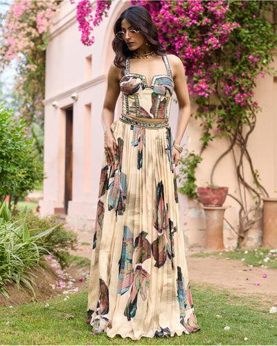 Beige Floral Lehenga Set