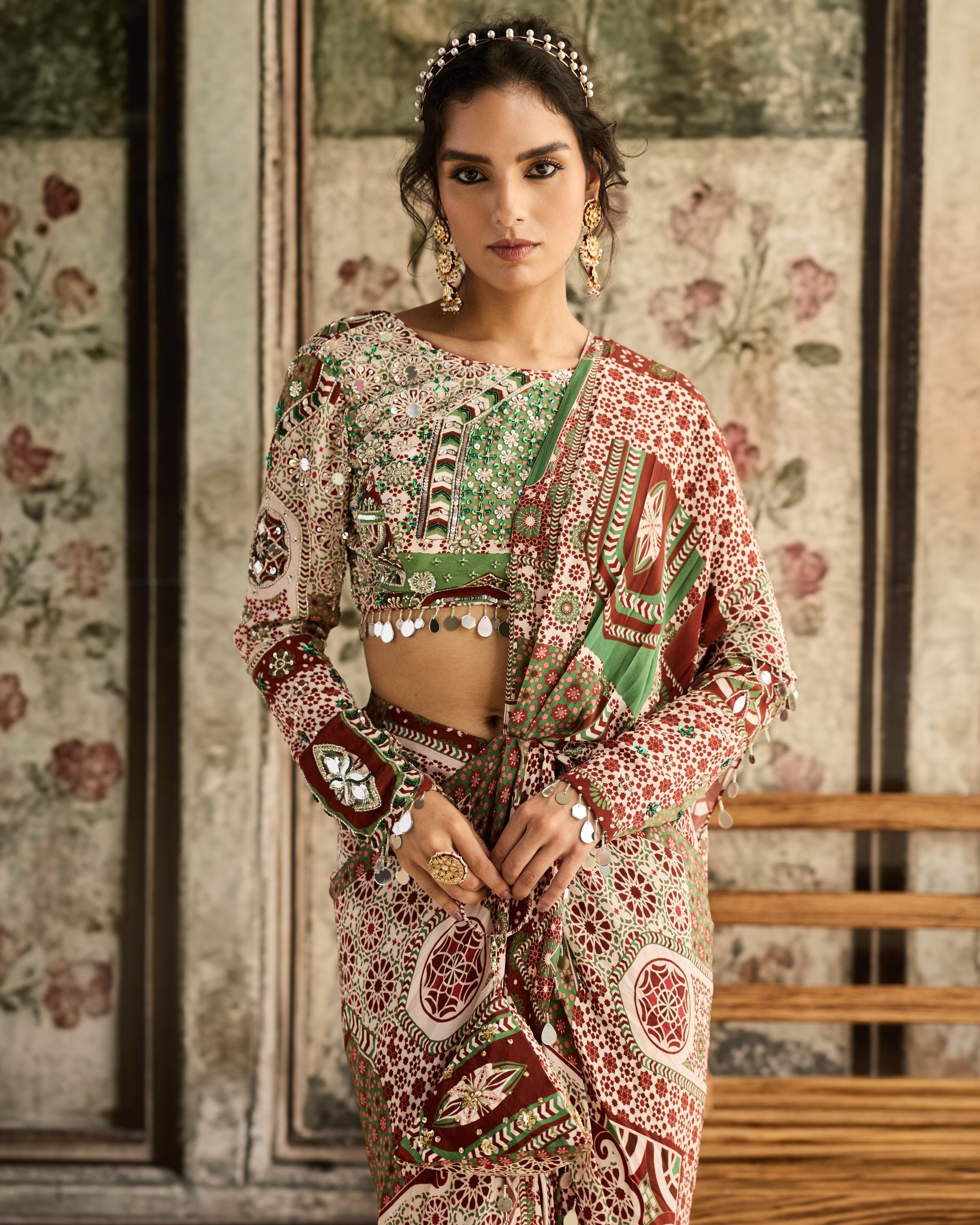 Sage-Maroon Print And Highlighted Dhoti Sari Set