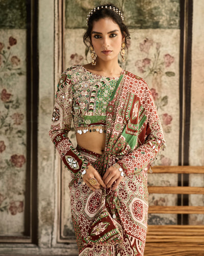 Sage-Maroon Print And Highlighted Dhoti Sari Set