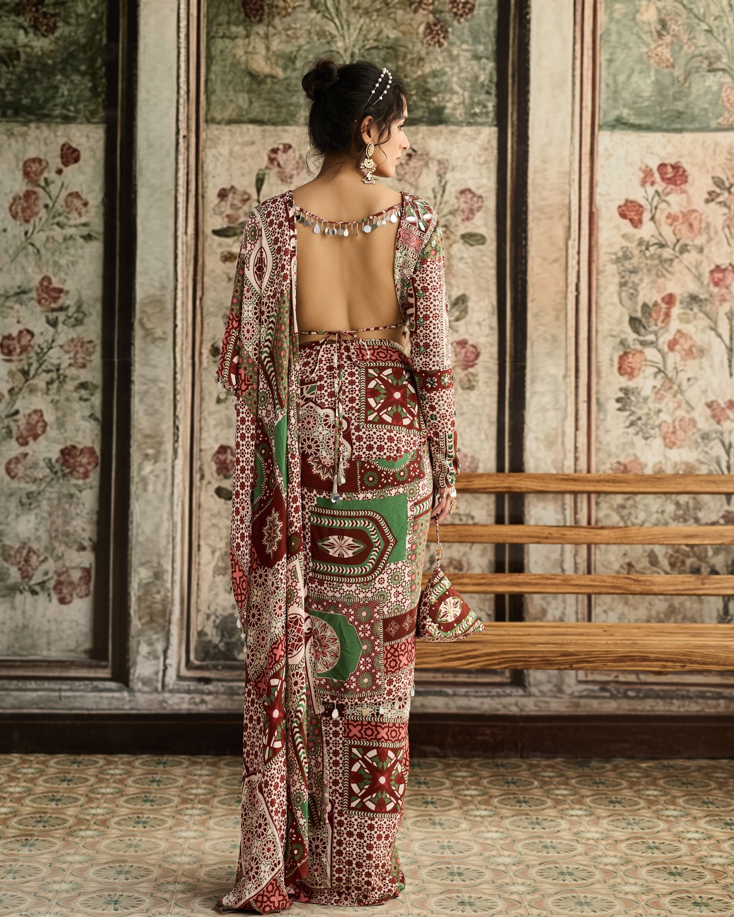 Sage-Maroon Print And Highlighted Dhoti Sari Set