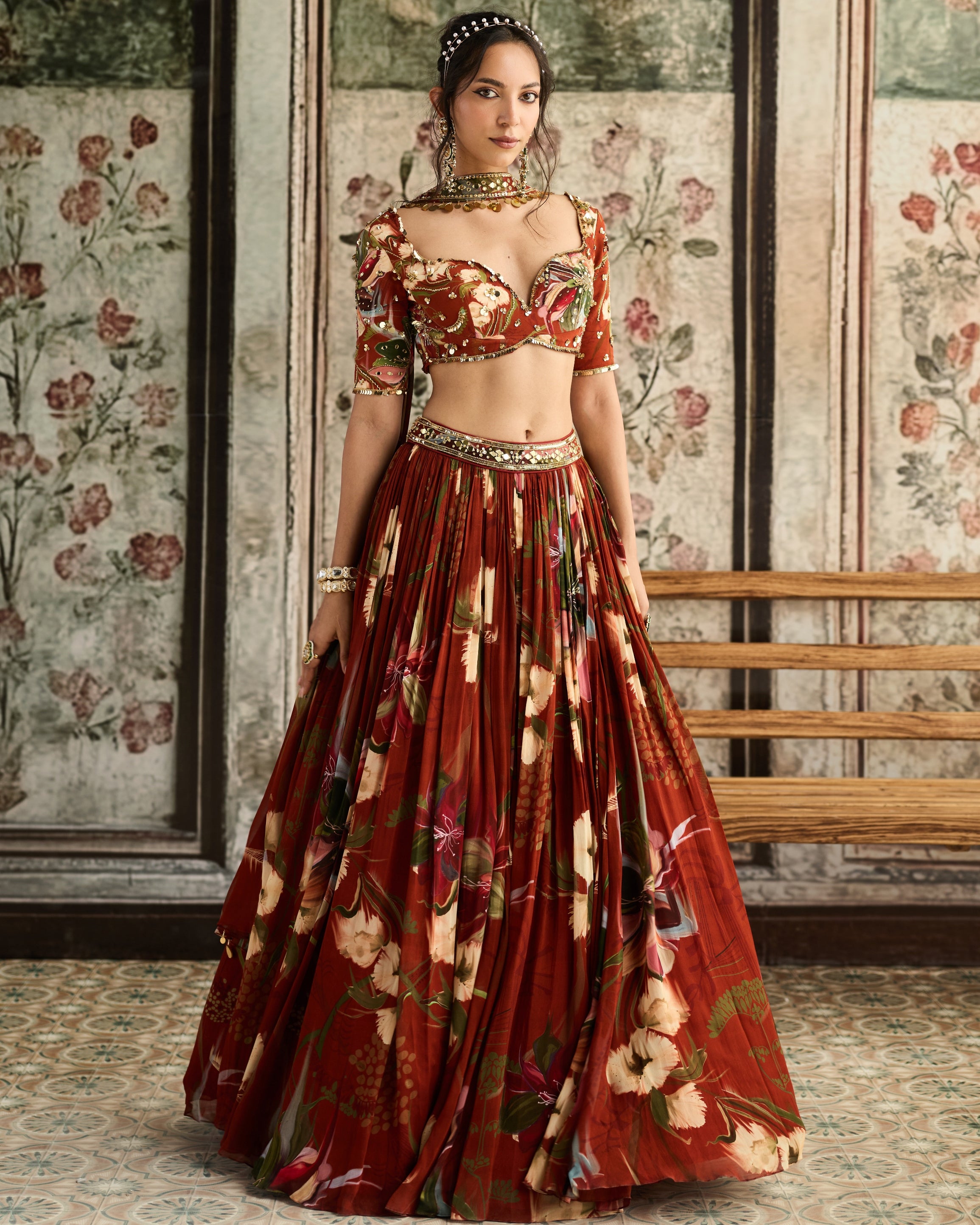 Rust Floral Printed Lehenga Set