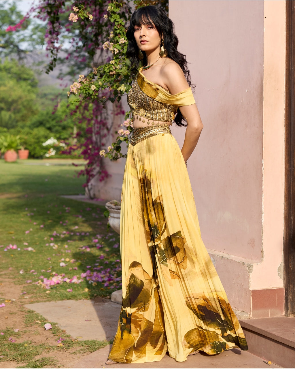 Butter Yellow Floral One Shoulder Co-ord Set