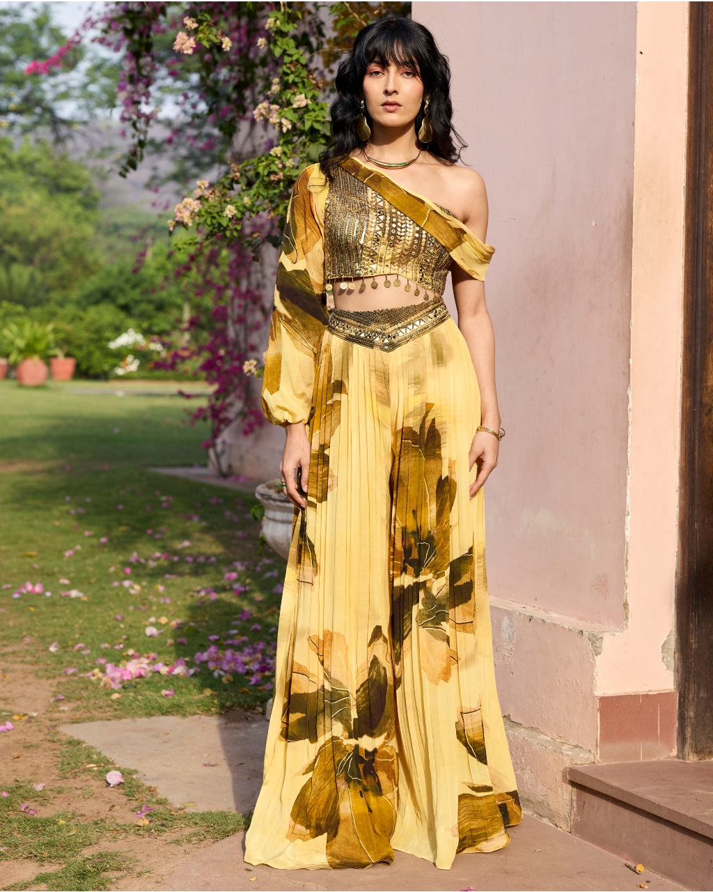 Butter Yellow Floral One Shoulder Co-ord Set