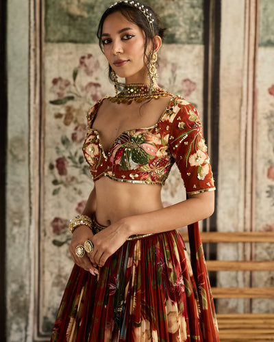 Rust Floral Printed Lehenga Set
