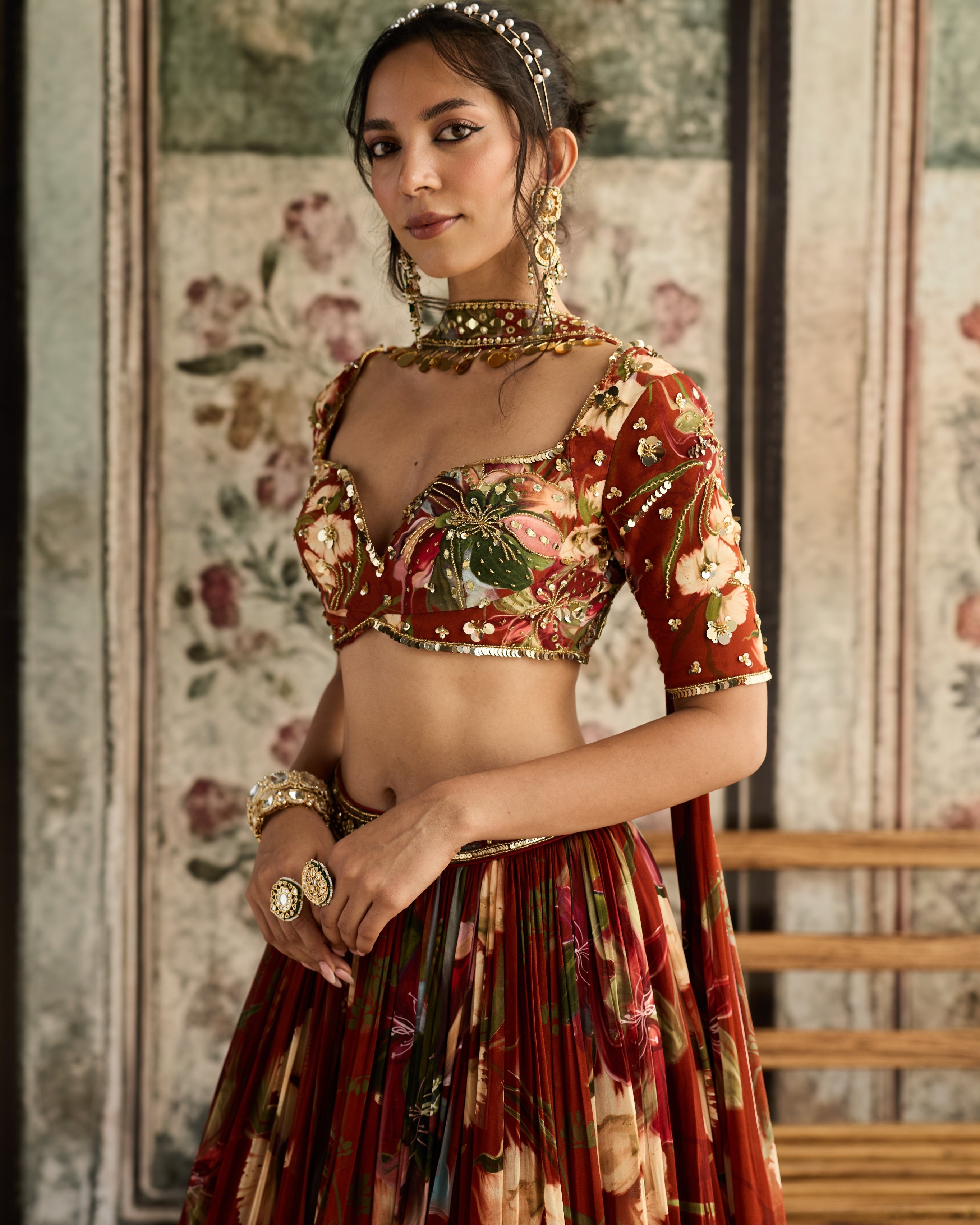 Rust Floral Printed Lehenga Set