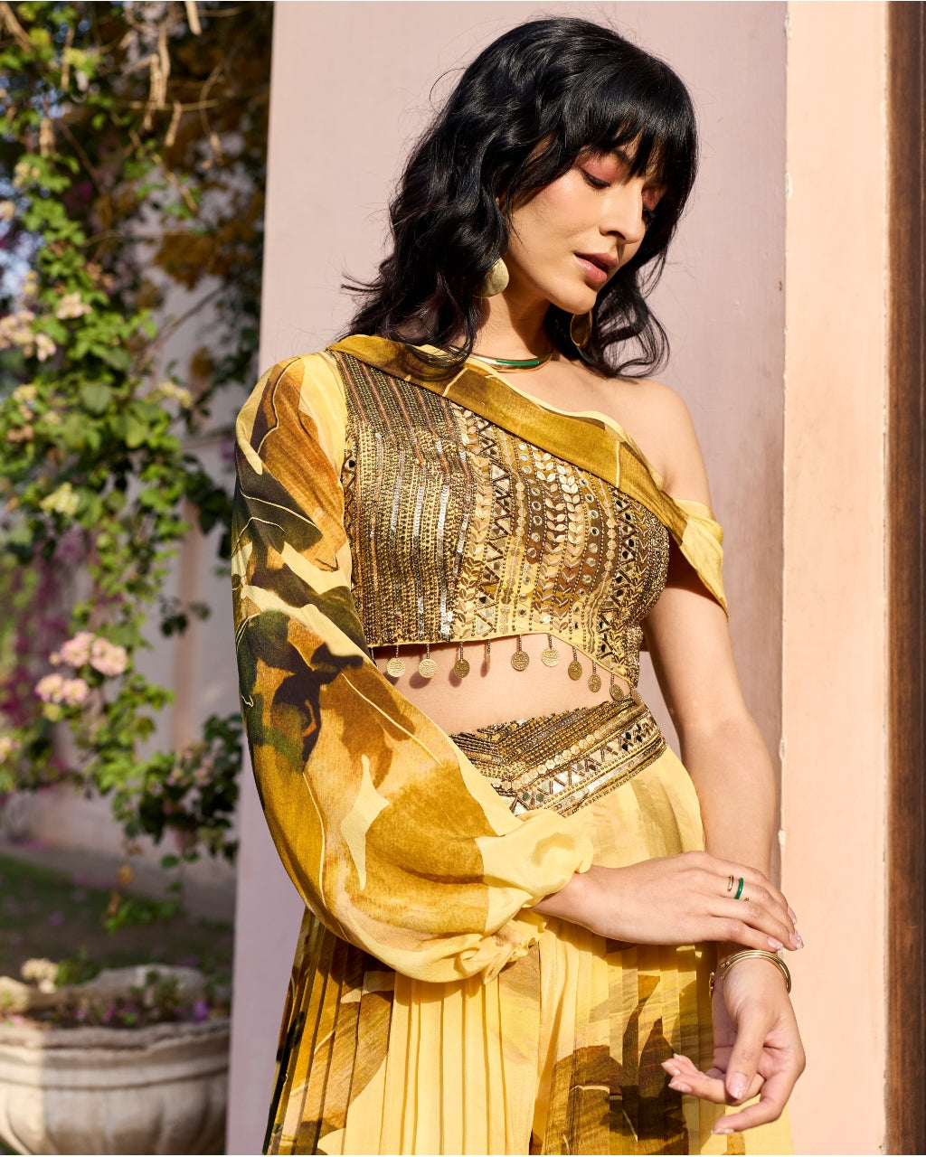 Butter Yellow Floral One Shoulder Co-ord Set