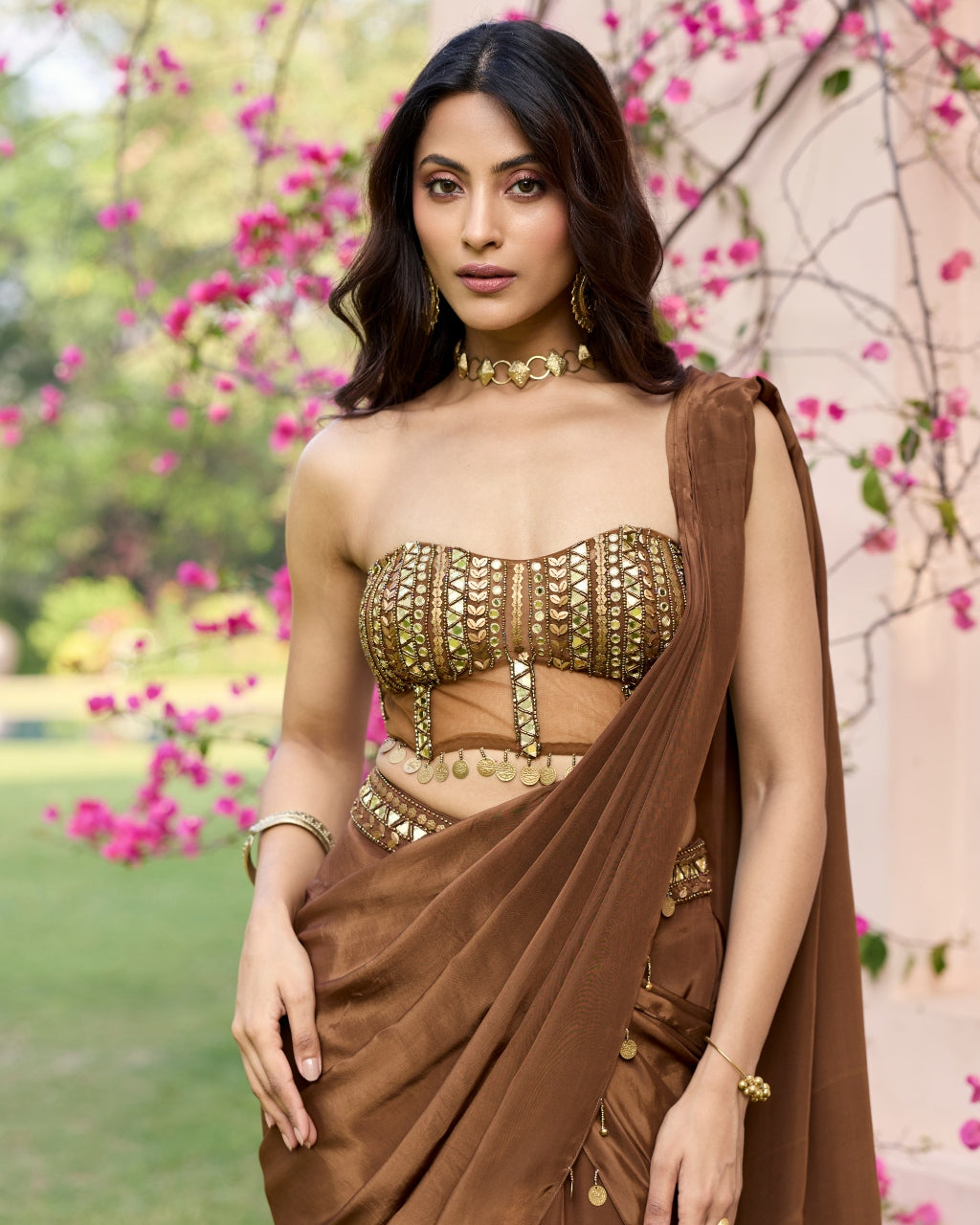Mocha Brown Tasseled Slit Sari Set