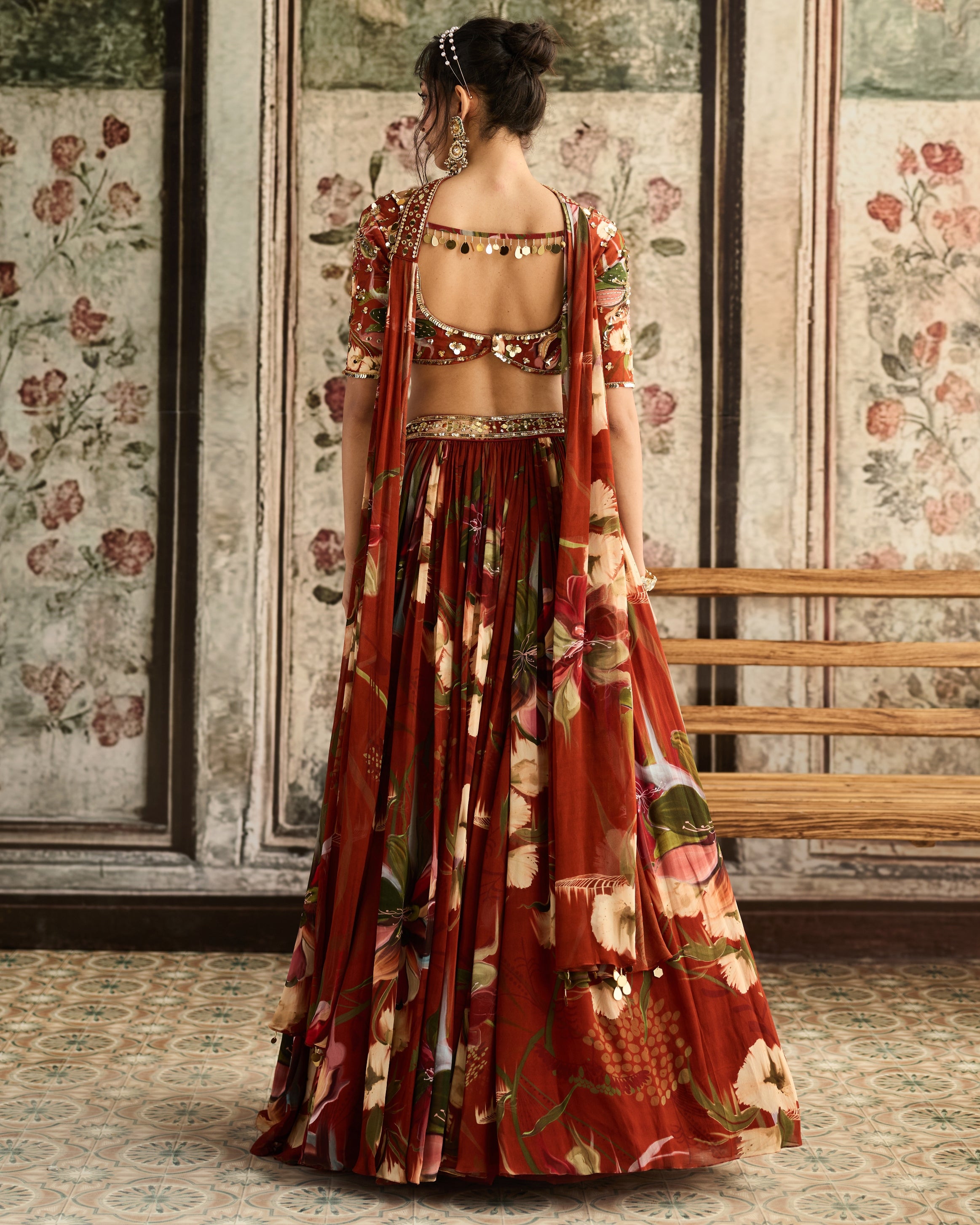 Rust Floral Printed Lehenga Set