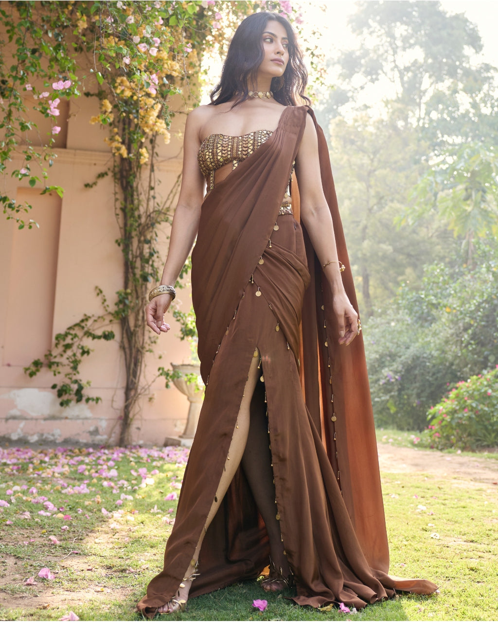 Mocha Brown Tasseled Slit Sari Set