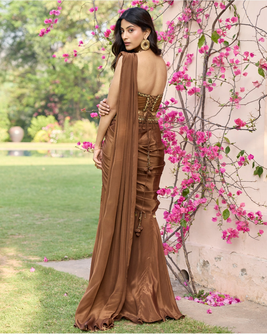 Mocha Brown Tasseled Slit Sari Set