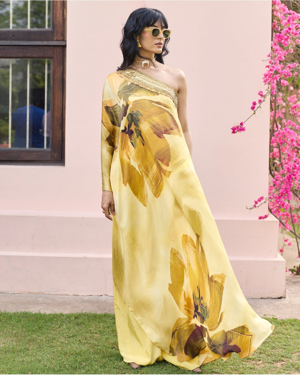 Butter Yellow Floral, One Shoulder Kaftan Set