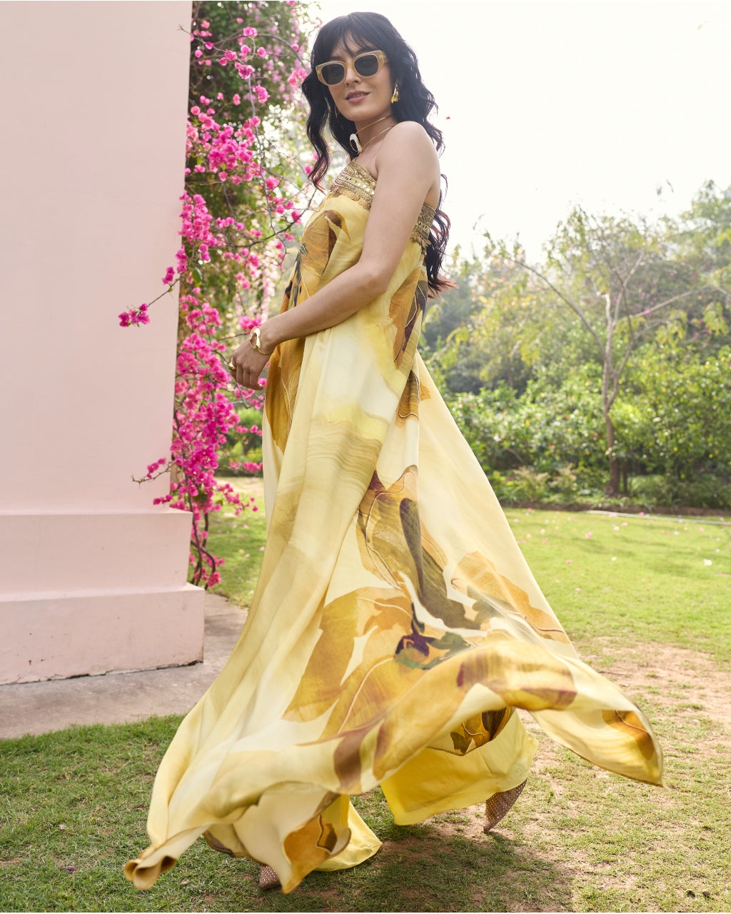 Butter Yellow Floral, One Shoulder Kaftan Set