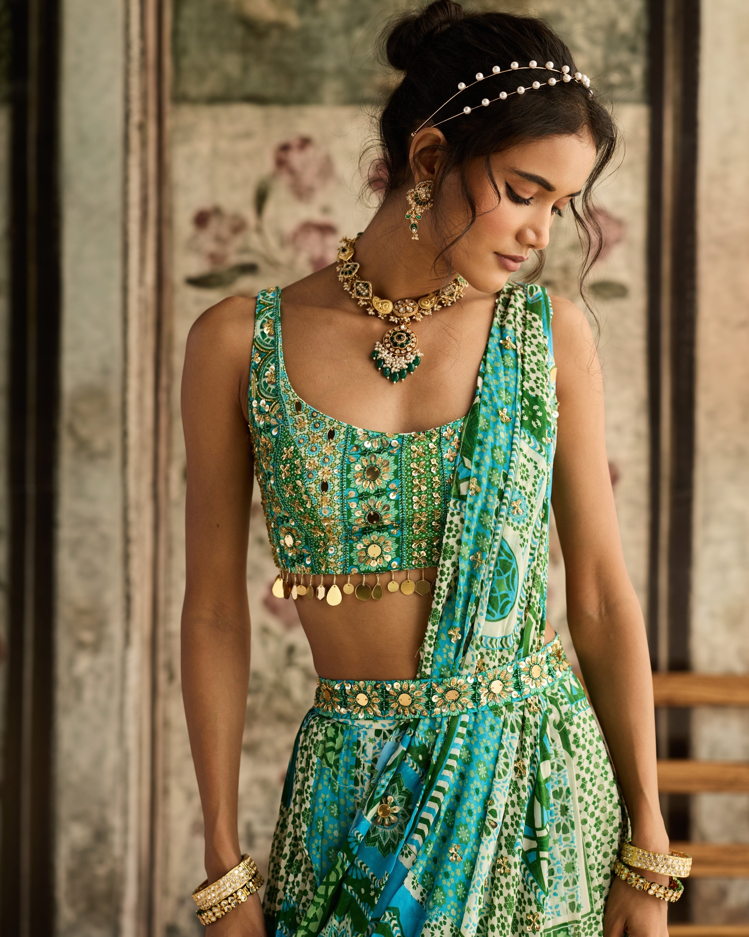 Aqua Print And Highlighted Tiered Sari Set