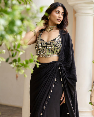 Black Solid Sari Set