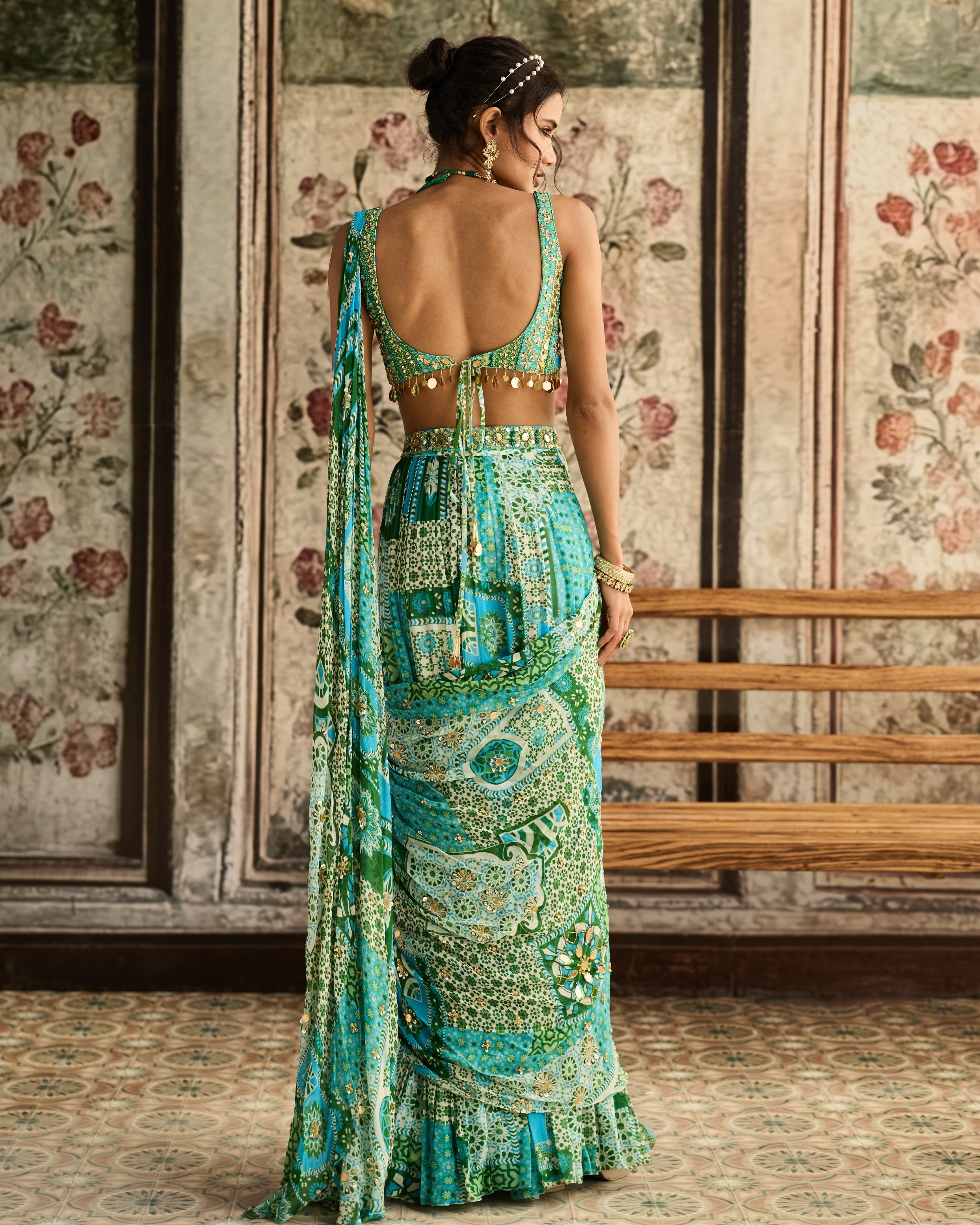 Aqua Print And Highlighted Tiered Sari Set